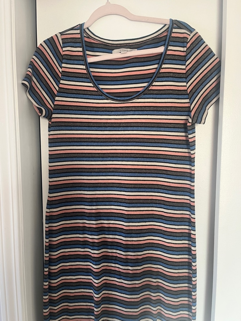 LOFT Sparkly Striped Short-Sleeve Maxi Dress in Blue, Pink & Cream